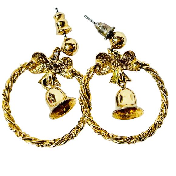 Vintage Avon Jingle Bell Hoop Gold Tone Earrings Christmas Jewelry 1992 - Picture 2 of 5